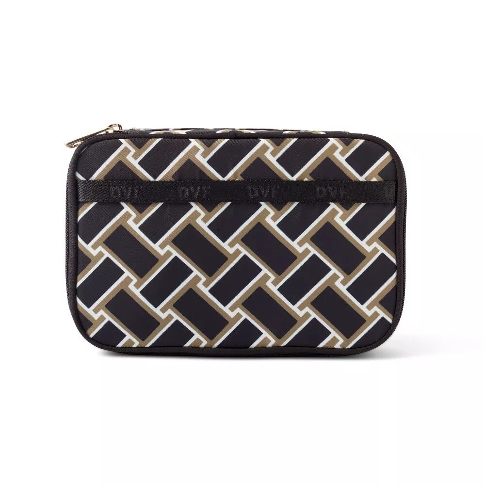 Diane Von Furstenberg Black & Gold Weave Print Jewelry Organizer Zippered Bag