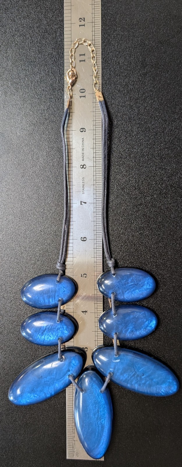 Bold Electric Blue Faux Foil Acrylic Slab Bib Necklace Blue Cord Gold Accent