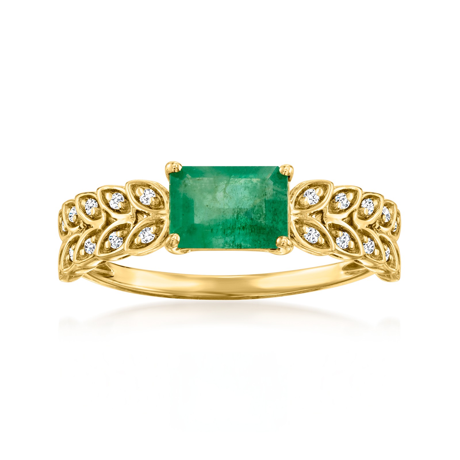 0.90 Carat Emerald and .10 ct. t.w. Diamond Leaf Ring in 14kt Yellow Gold