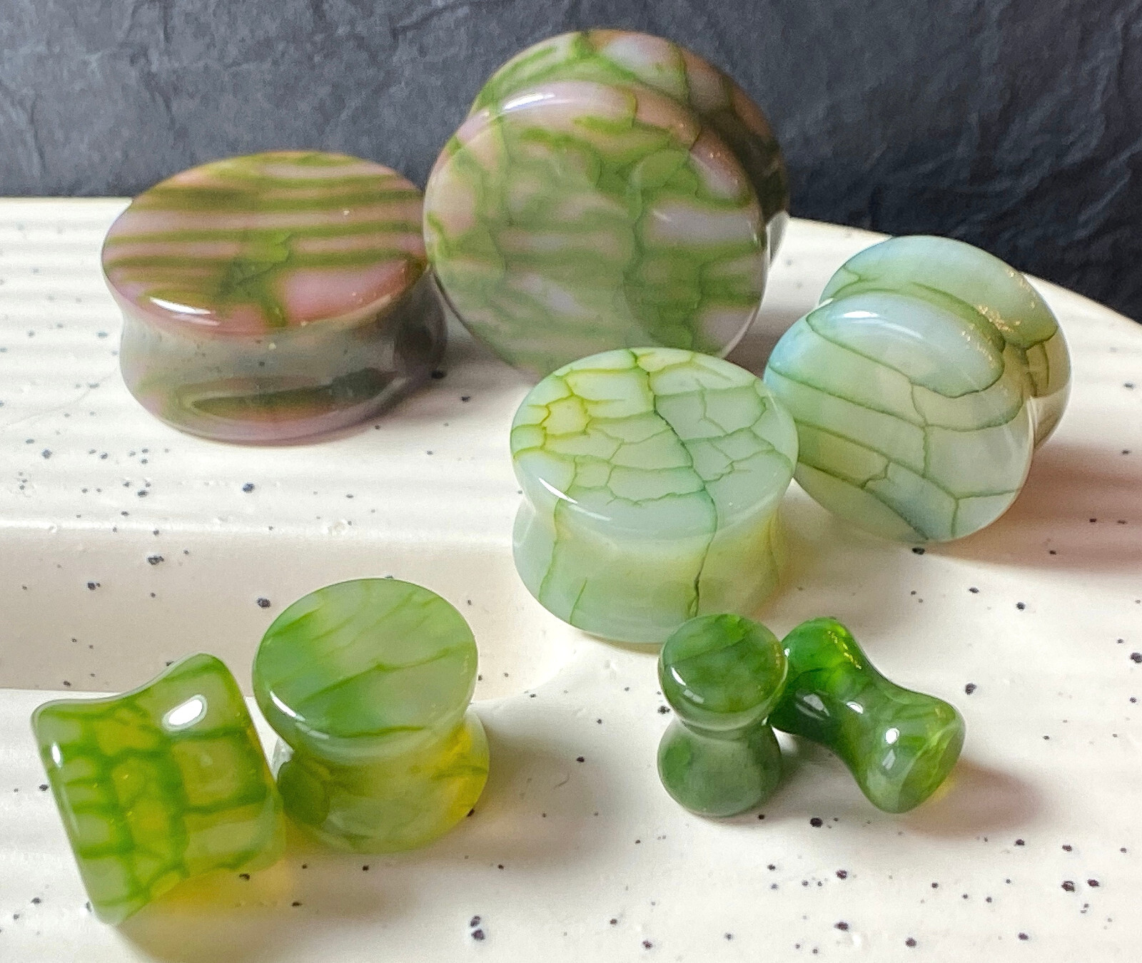 PAIR Green Dragons Vein Agate Stone Double Flare Plugs Organic Earlets Gauges