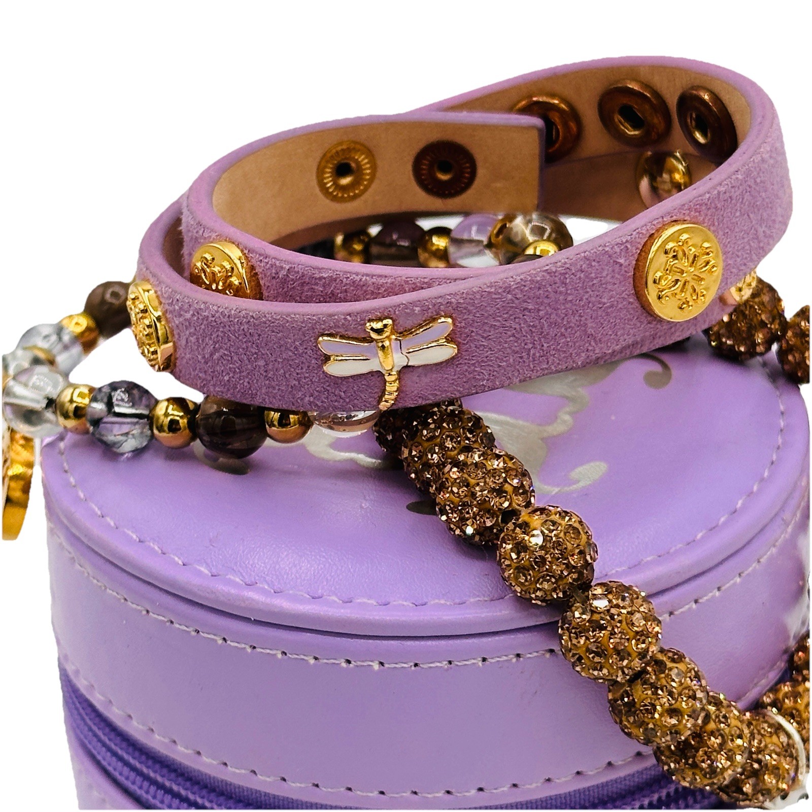 Rustic Cuff Dragonfly Lavender Leather Wrap Bracelet 3pc Stack Set w/ Case