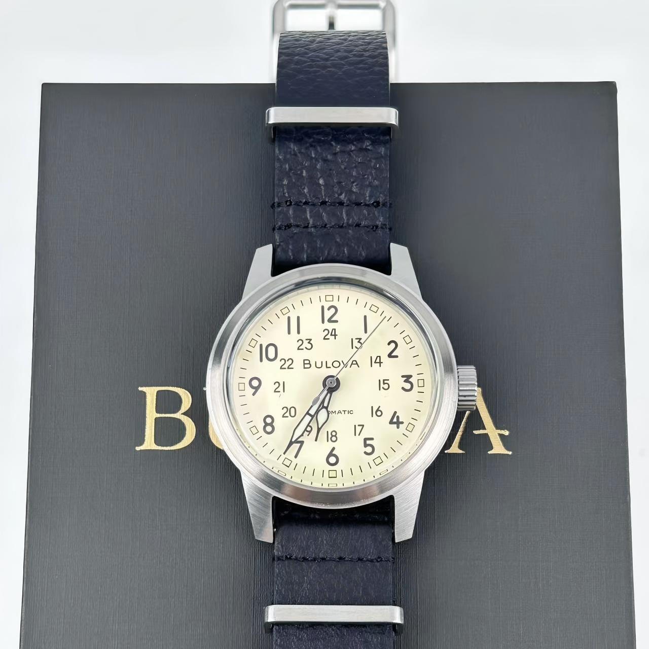 New Bulova Hack 96A246 Men’s Automatic Watch Ivory Dial Black Leather Strap 38mm