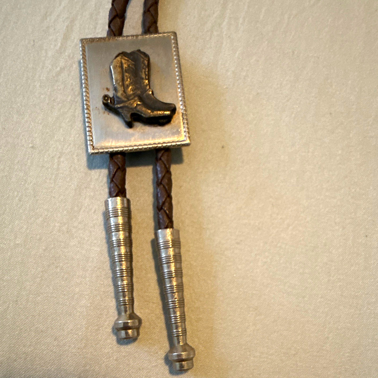 Men’s Western Brown Leather Bolo Tie Rectangle Boot Slide Silver Tone Tips