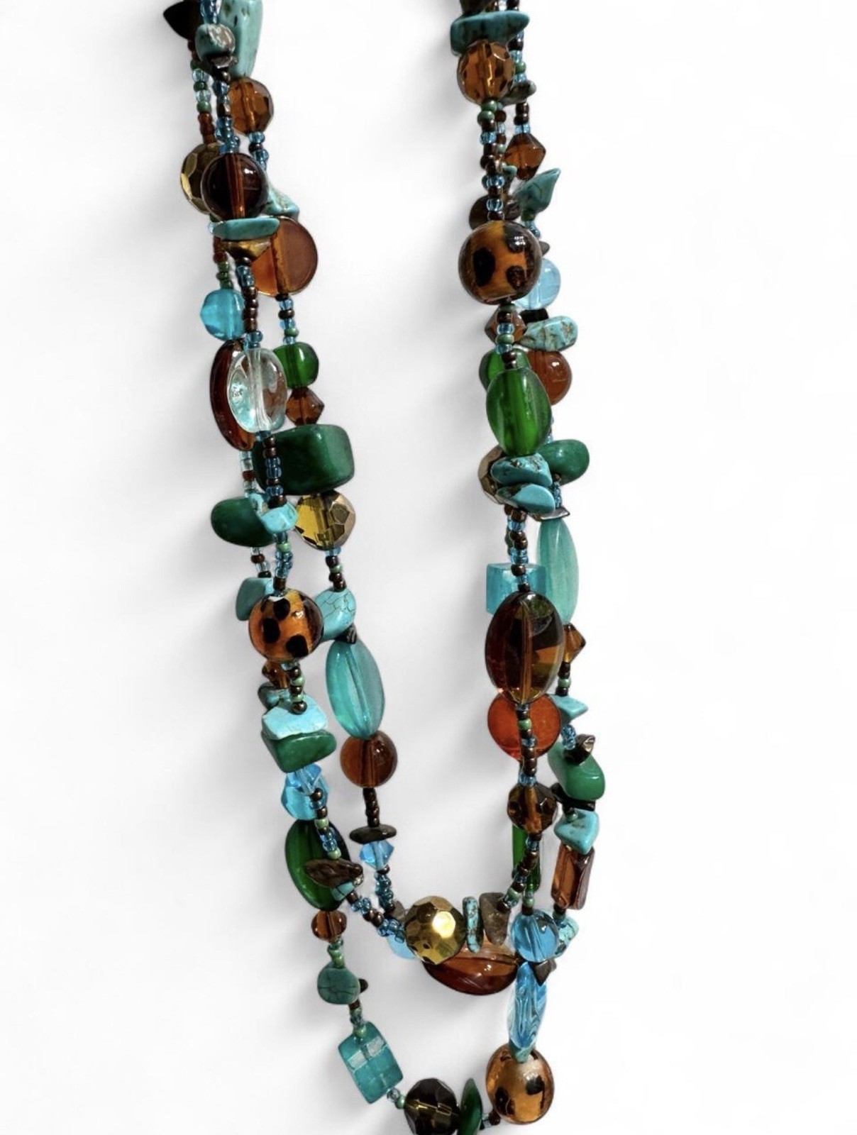 Chunky Boho Multi-Strand Beaded Necklace Turquoise Earth Tones Leopard Print