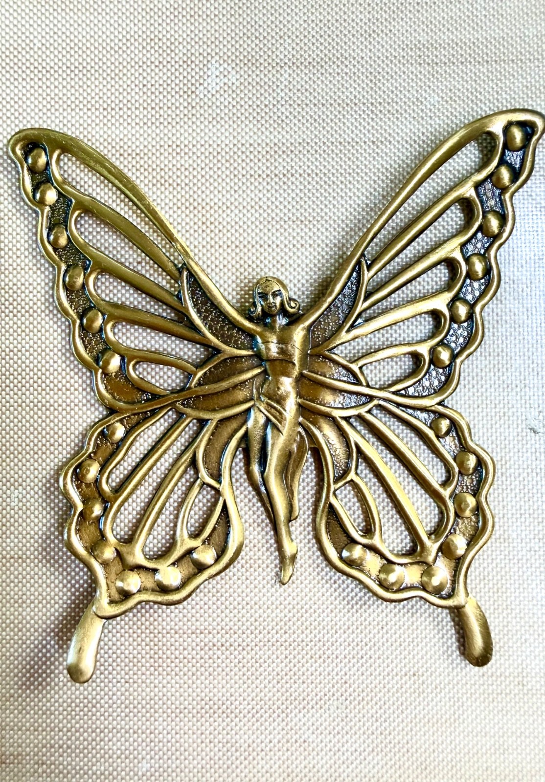 Vintage NOS Brass Butterfly Fairy Stamping Pendant Finding 2½” Jewelry Art Nouve