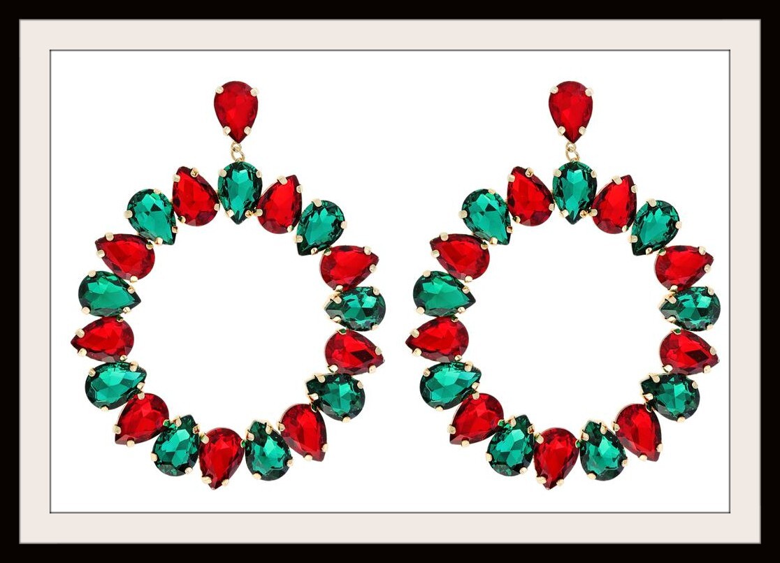 Red & Green Crystal Hoop Earrings Extra Large Hoops Christmas Statement