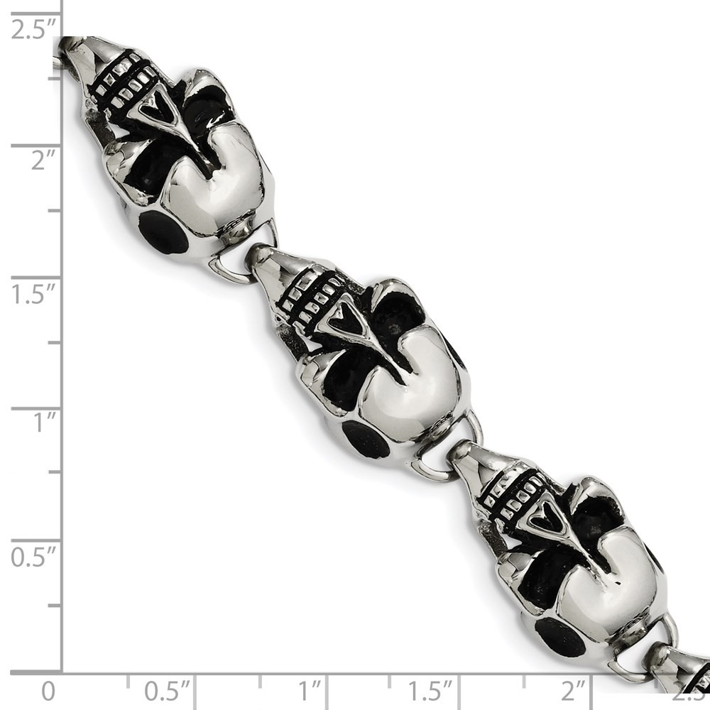 Stainless Steel Antiqued Skulls 8.5in Bracelet