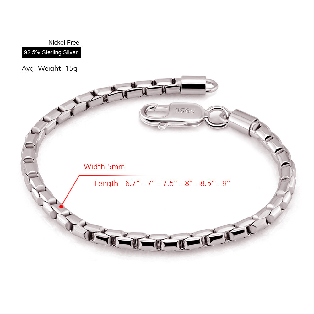 925 Sterling Silver 5mm 6.7″-9″ Box Chain Bracelet Lobster Clasp for Men & Women