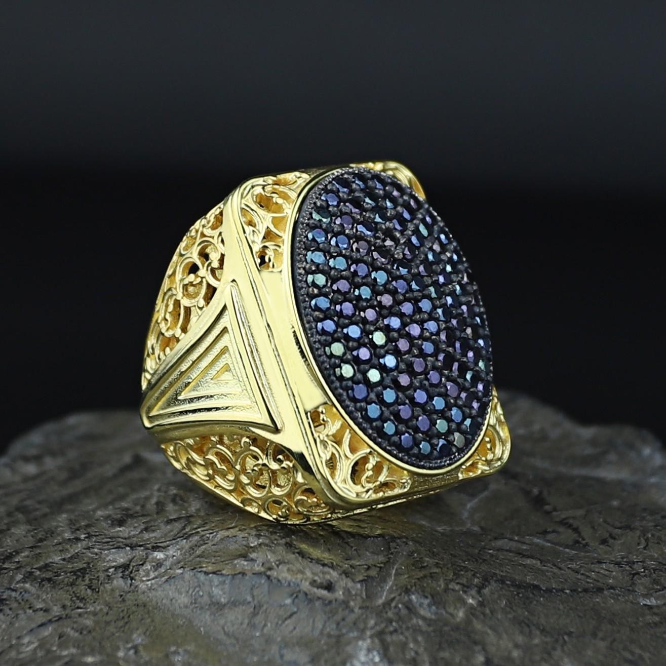 925 Men Silver Gold Black Onyx Handmade Big Ring Men Sterling Silver Ring