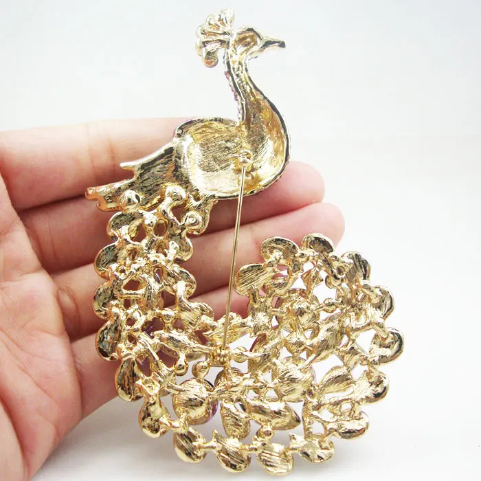 Classic Luxury Peacock Bird Gold Tone Brooch Pin Purple Rhinestone Crystal