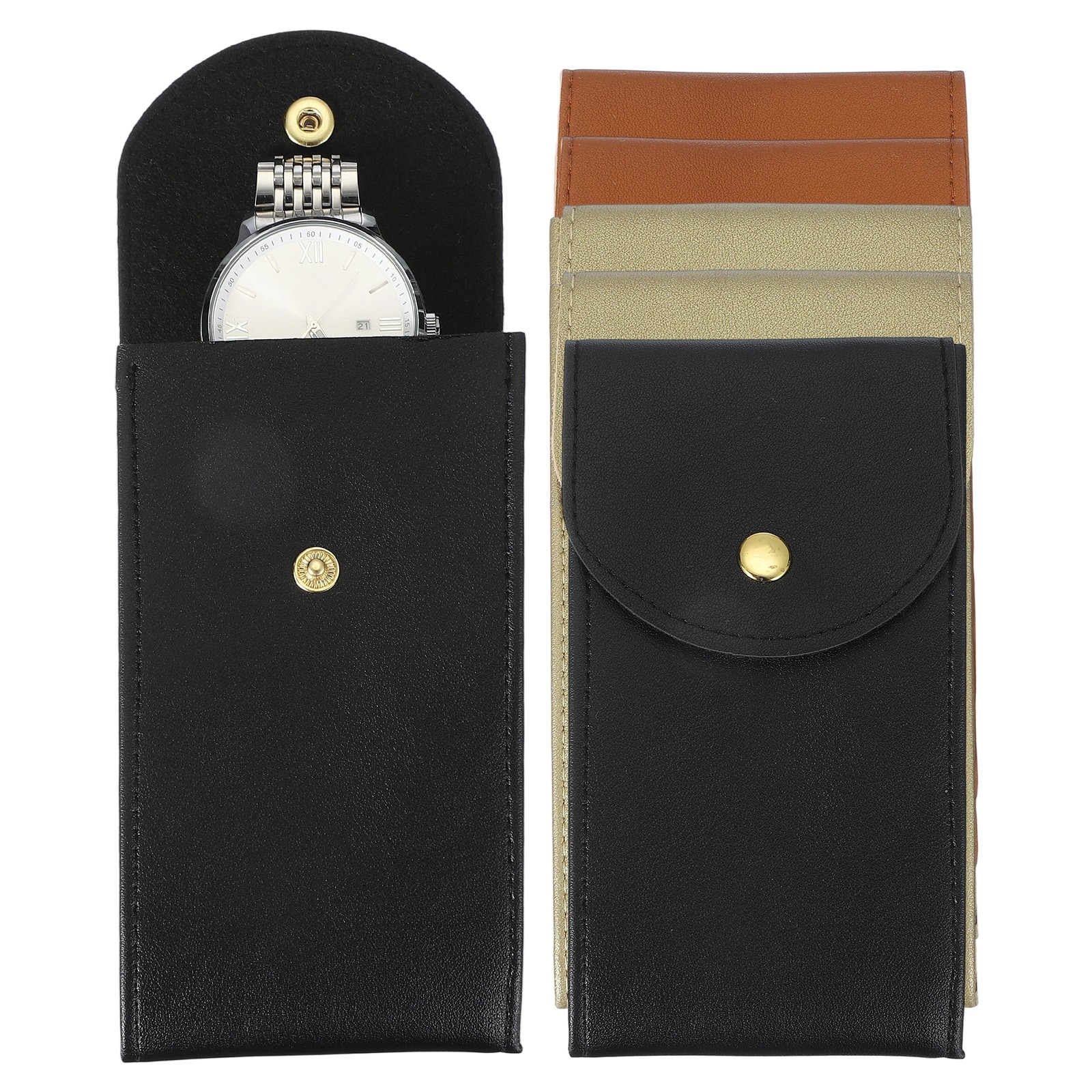 6 Pcs Leather Watch Pouch, Portable Watch Case, Black/Brown/Gold