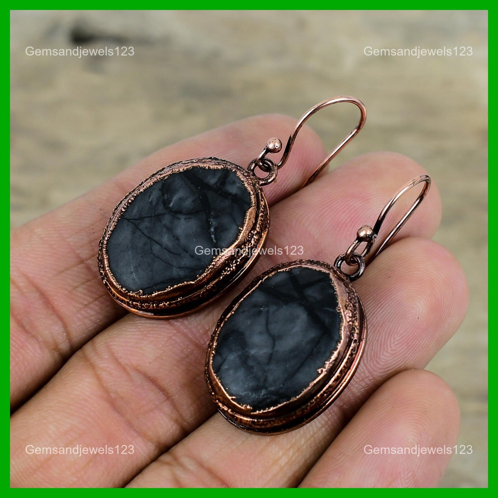 Copper Picasso Jasper Stone Dangling Anniversary Electroformed Earrings Jewelry