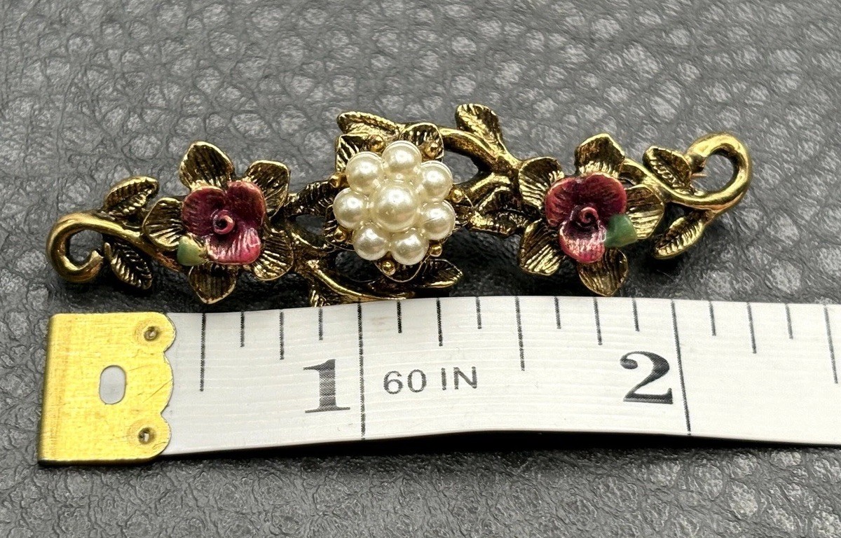 Vintage 1928 Brand Gold Tone Faux Pearl Enamel Floral Bar Brooch Pin Costume