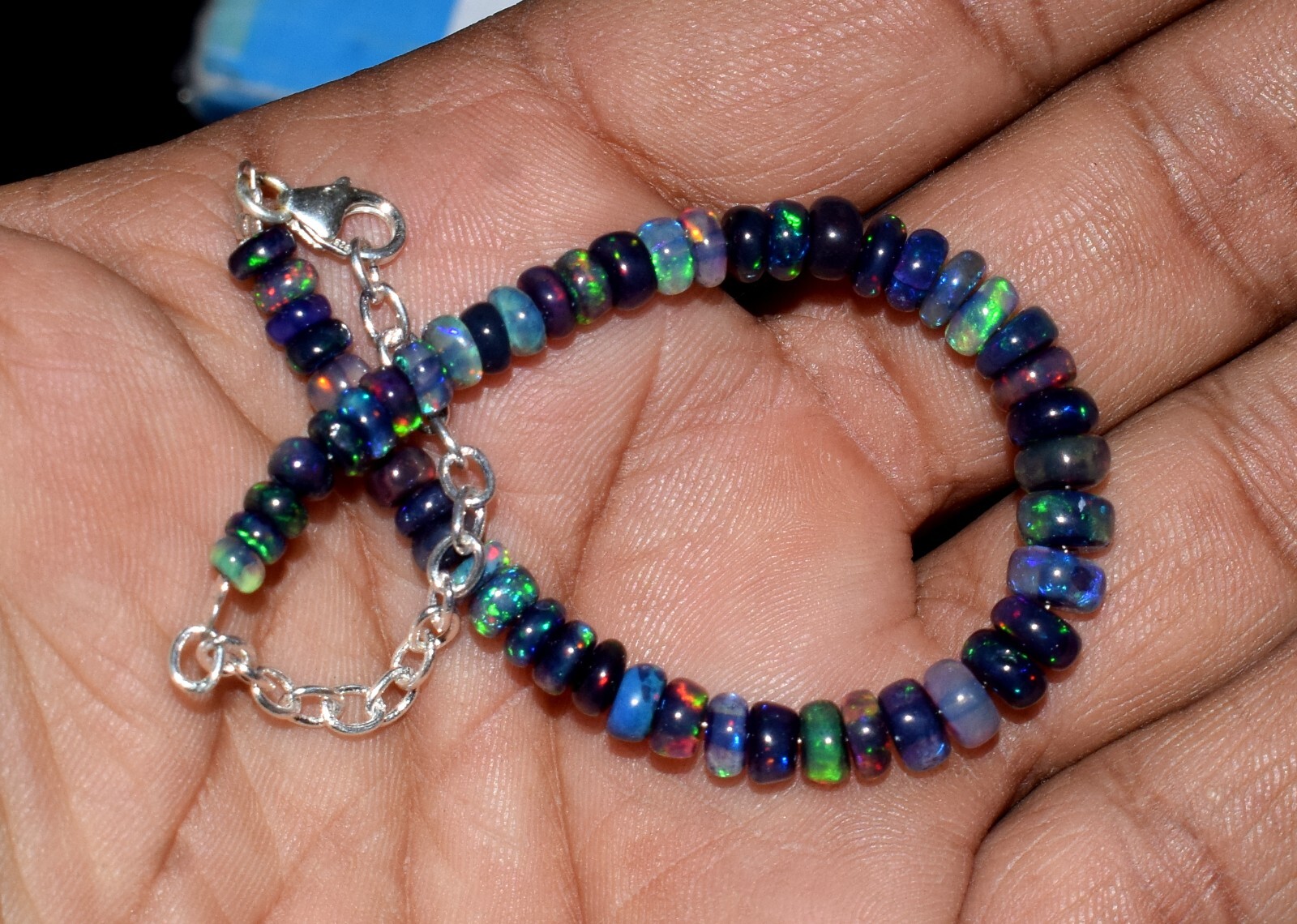 Solid 925 Sterling Silver Natural Ethiopian Opal Gemstone Beads 7″Bracelet F0364