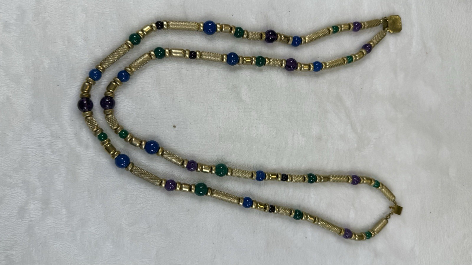 Vintage Sterling Clasp Beaded Necklace Gold Tone Purple Blue Green 2 Strand