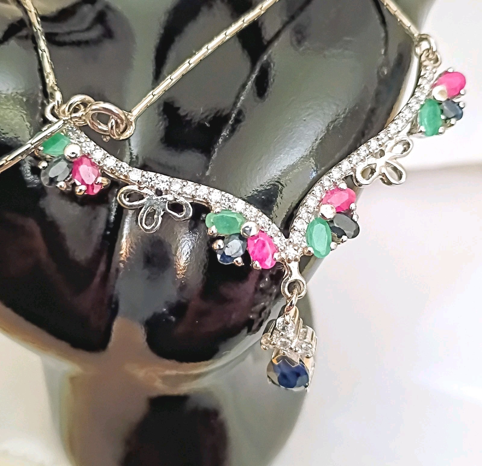 Vintage Liquid Silver Natural Sapphire Emerald Ruby CZ Victorian Necklace 18″