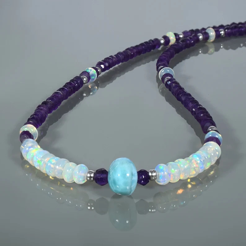 Natural Welo Fire Opal & Amethyst Beaded Necklace 925 Silver Handmade Gift 18″