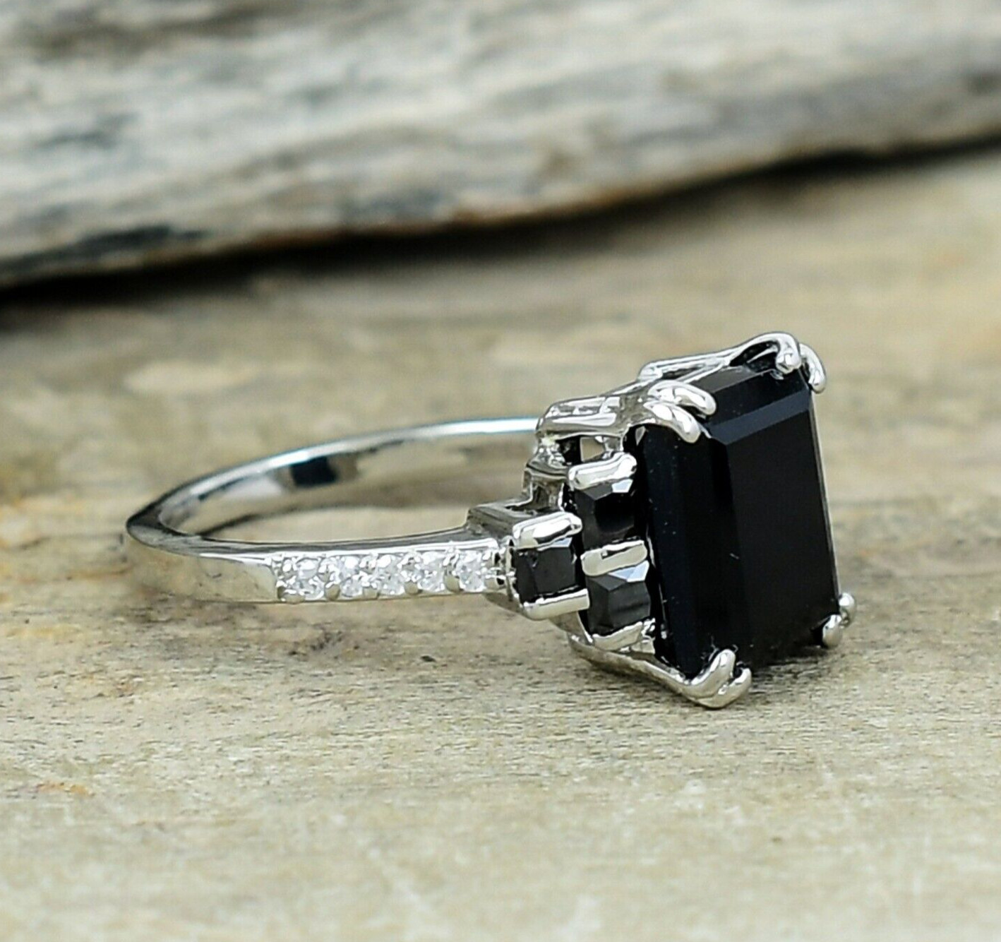 Natural Black Onyx, Moissanite 925 Sterling Silver Ring, Baguette Dainty Ring