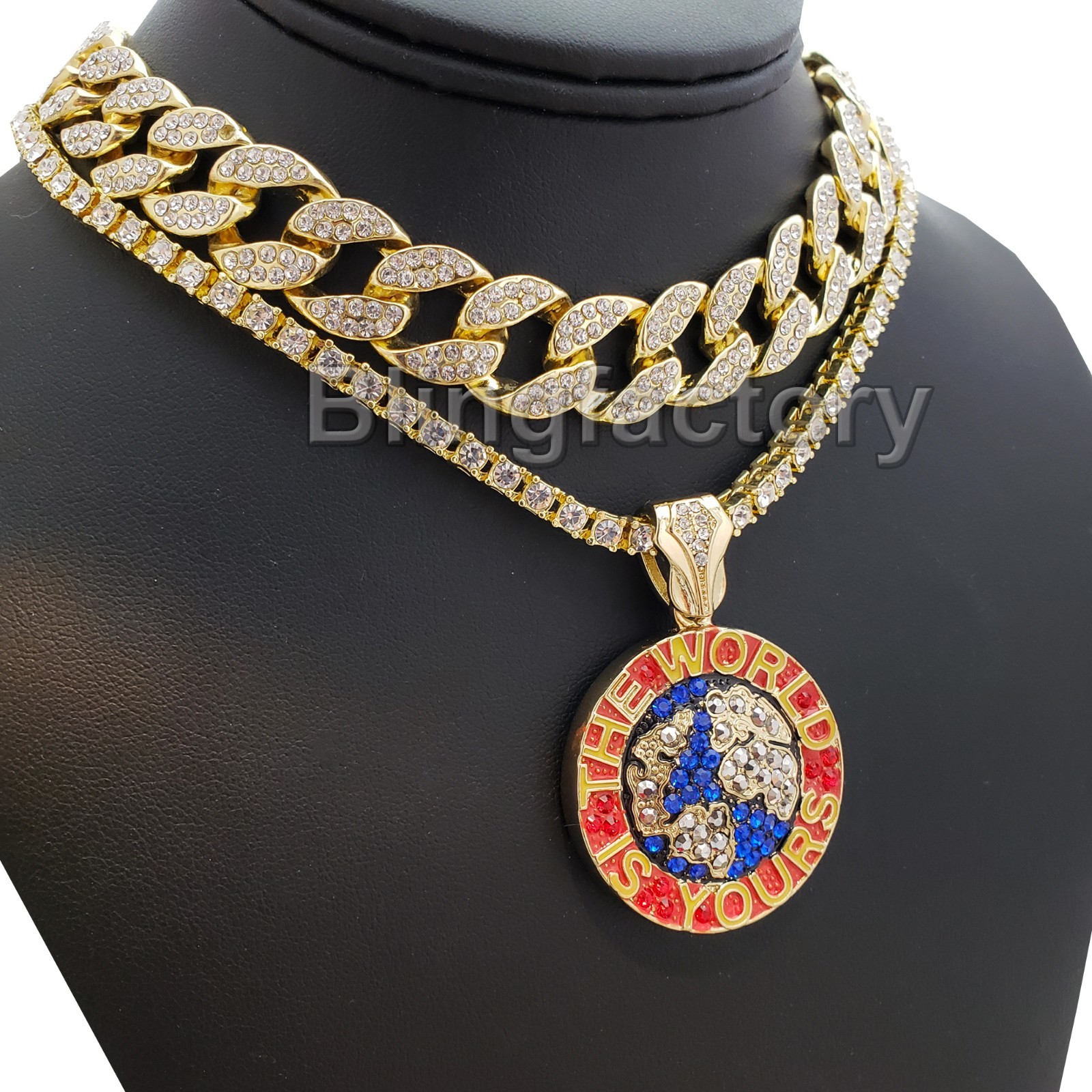 The World is Yours Pendant & 18″ Full Iced Cuban & 1 ROW Tennis Choker Chain Set