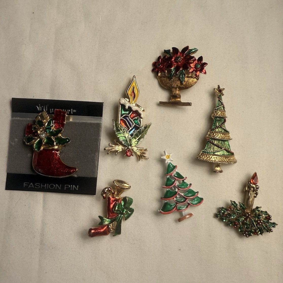 Lot of 7 Christmas Enamel Pins Multicolor Trees Candle Stocking Poinsettia