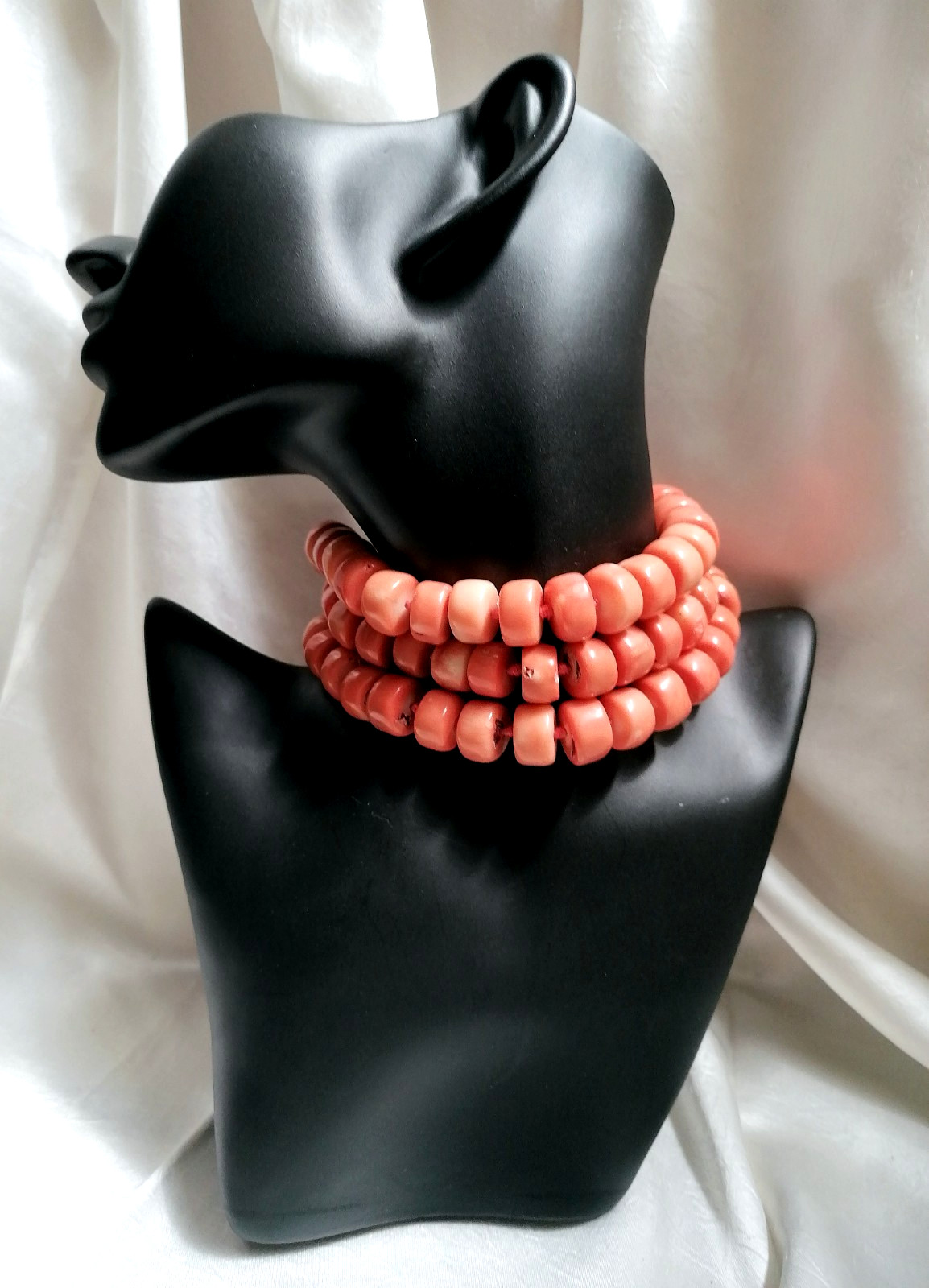 SPECTACULAR MAXI LONG NECKLACE CORAL BAMBOO SALMON CLASP SILVER GOLD.