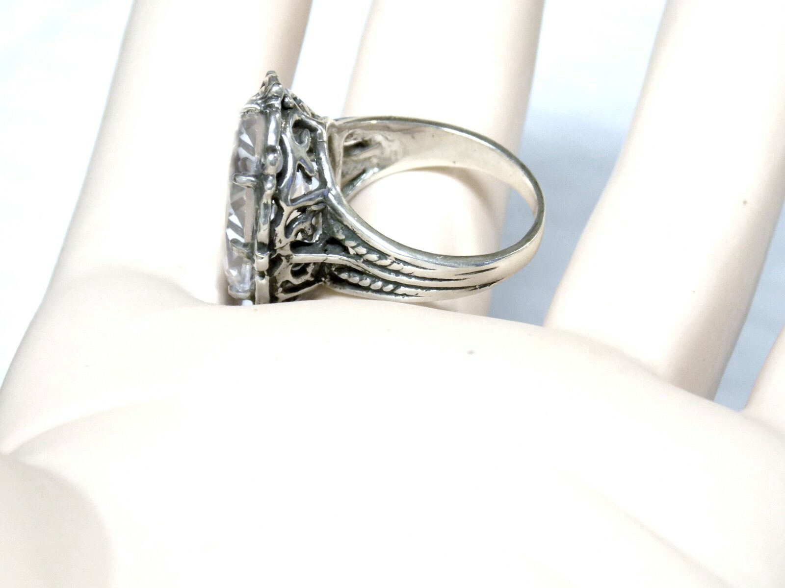 12ct White Lab Sapphire Size 7 Ring 925 Sterling Silver Filigree Vint Style USA
