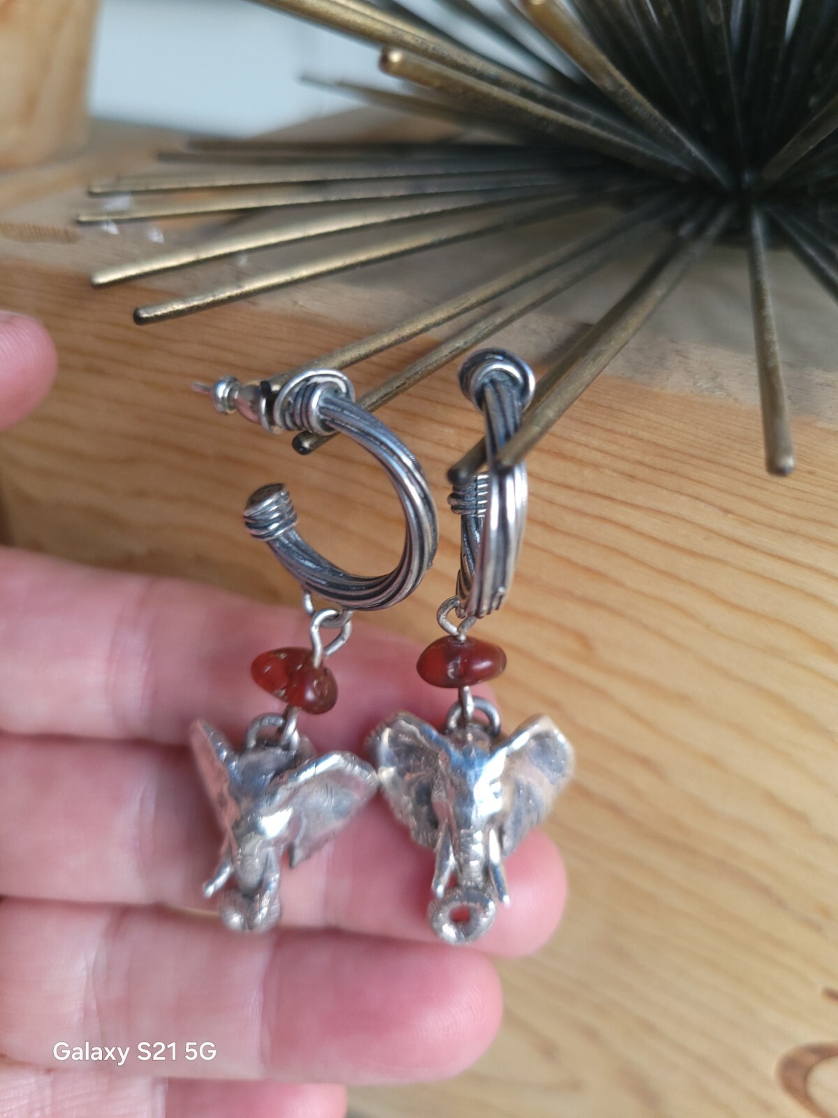 Susan Cummings Elephant Earrings Dangle Sterling Silver & Amber 2″ Long 1990s
