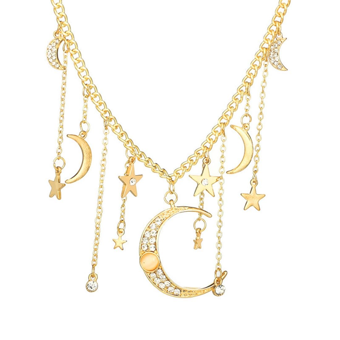 Moon Stars Tassel Pendant Necklaces Big Moon Clavicle Necklace Star Tassel Co…