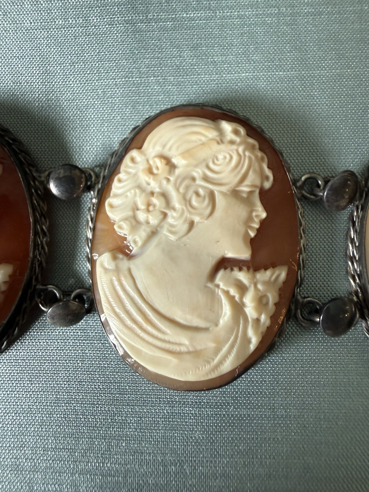 8 Inch Vintage￼Silver Cameo Bracelet, ￼ translucent Coral Color- 1.5 In Wide