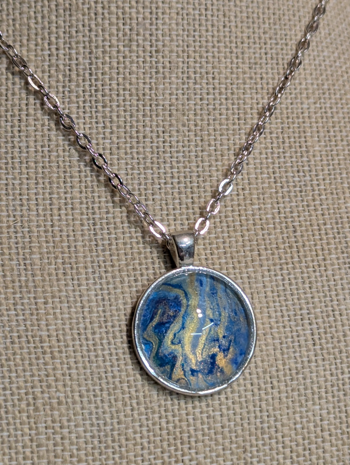 Hand Painted Abstract Blue Pendant Silver Tone Necklace Glass Dome Bezel 24 Inch