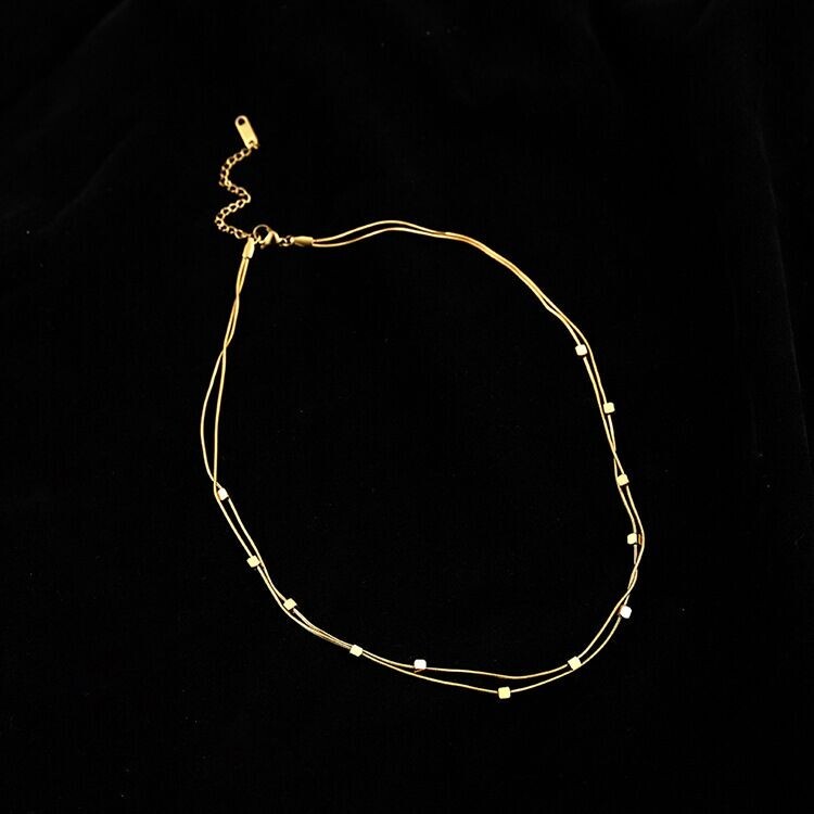 Woman 18K Gold Plated Stainless Steel Cubes 2 Layers Necklace Chain