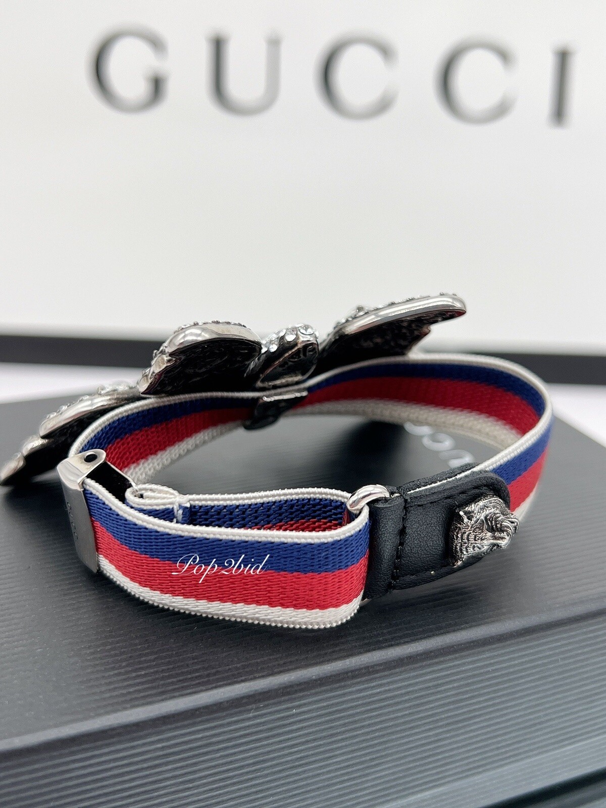 NWT 100% Authentic GUCCI Crystal Butterfly Web Strap Adjustable Bracelet