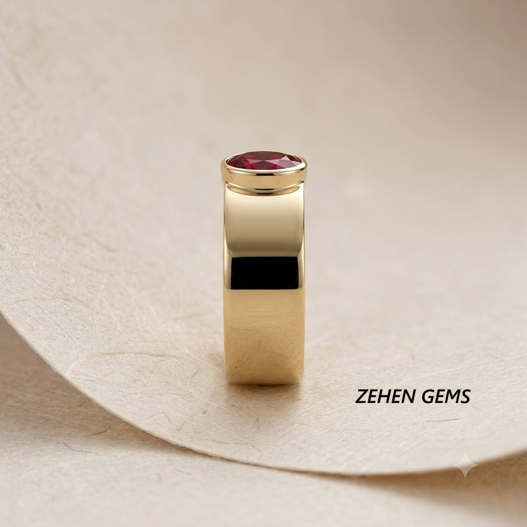 Men’s Lab Created Ruby Ring Sterling Silver Yellow Gold Plated Oval Ruby Sign