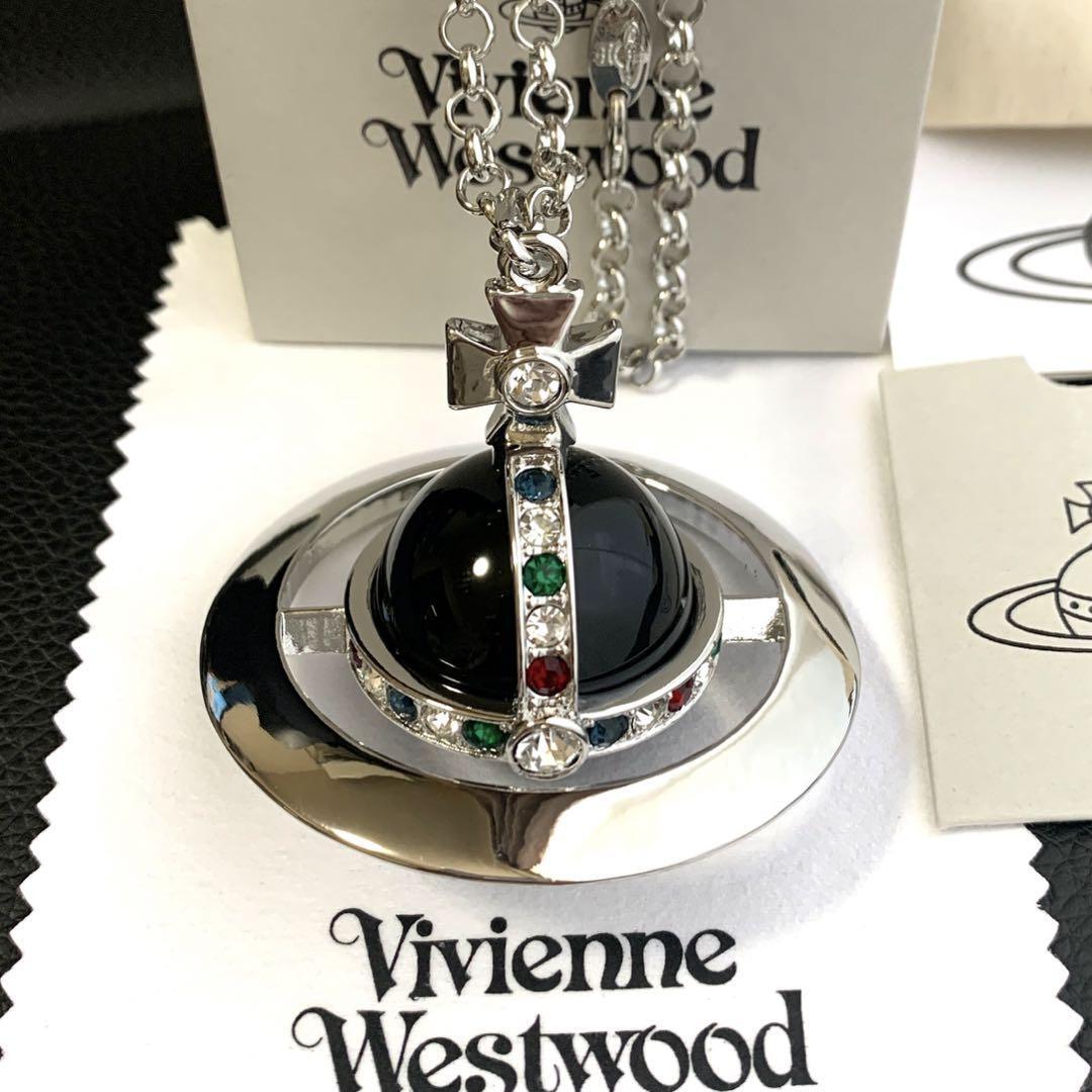 Vivienne Westwood Necklace Medium Orb Black Silver Top 6.5 x 6cm C:80cm IN BOX