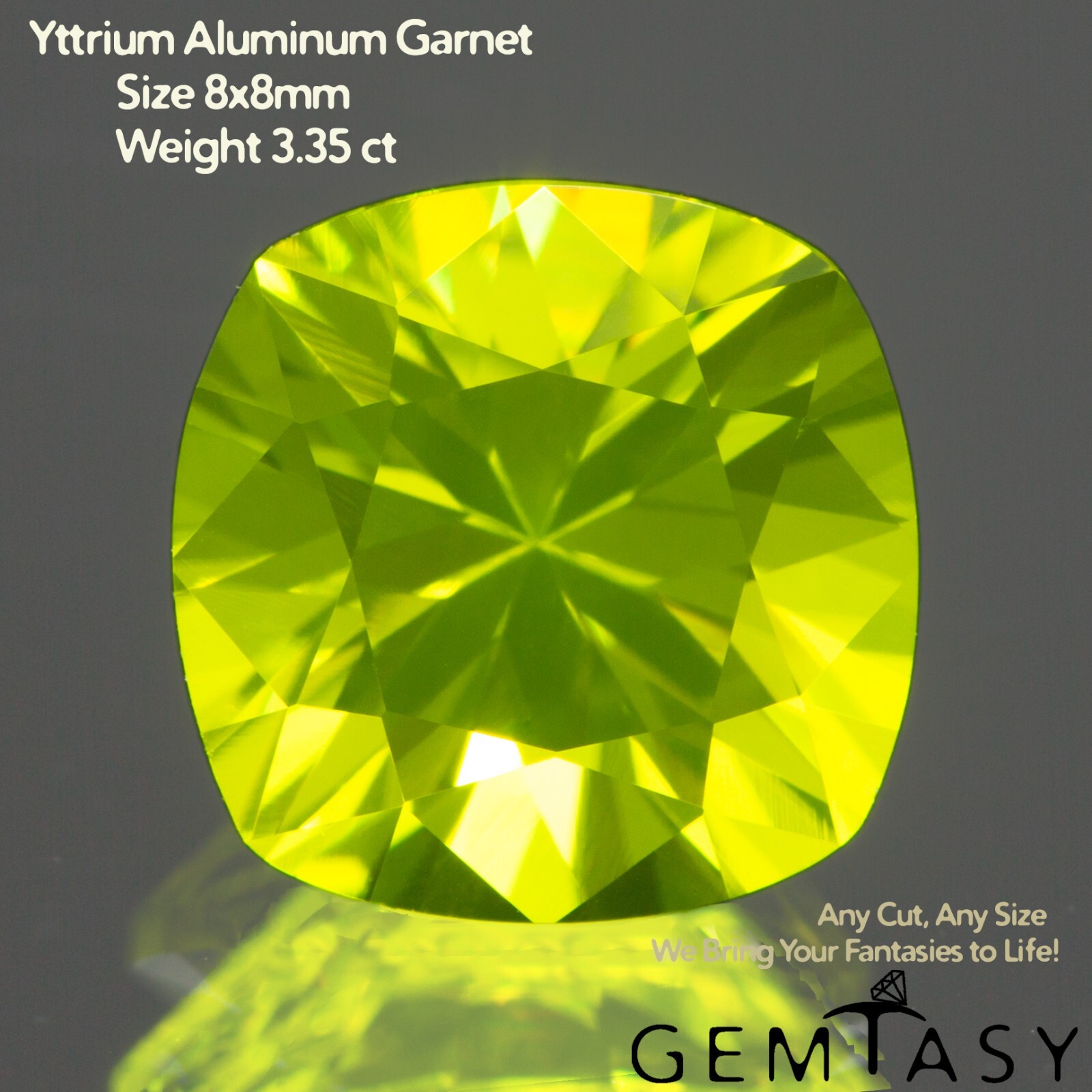 Cut stone – YAG Neon Czochralski (Pulled) lab grown, facet Cushion 8x8mm 3.35ct