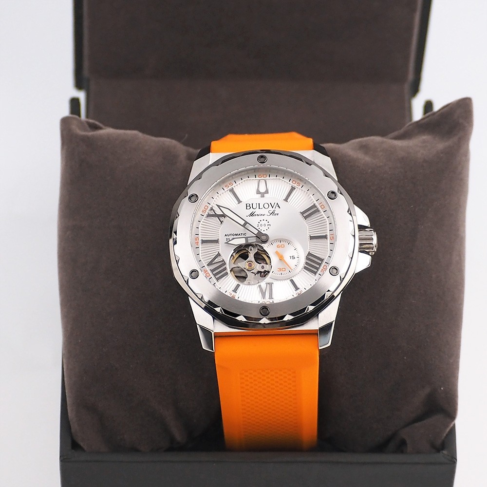 Bulova Marine Star Series A 98A226 Orange Silicone Strap Men’s Automatic Watch