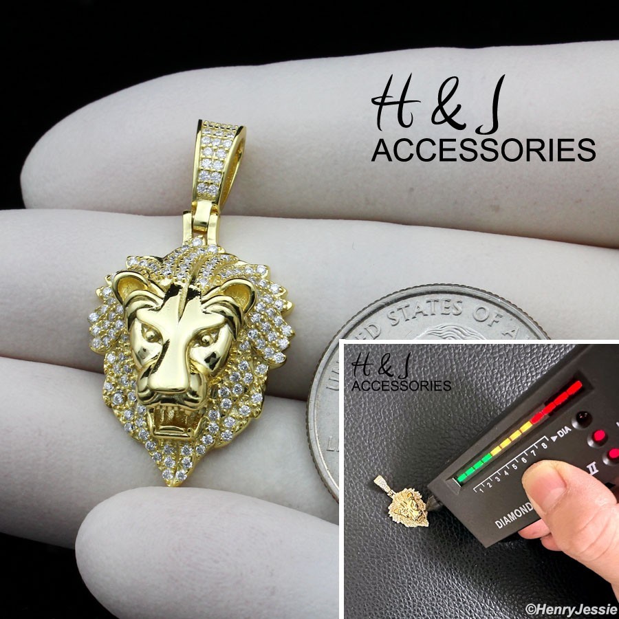 MEN 925 STERLING SILVER BLING MOISSANITE GOLD PLATED 3D LION FACE PENDANT*AGP559