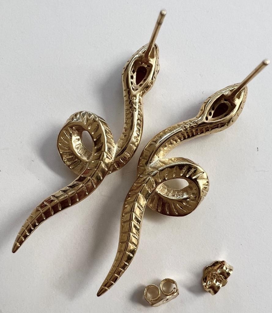 REAL Diamond Ruby Snake Earrings 14K Gold on SOLID 925 Victorian Egyptian Rev YG