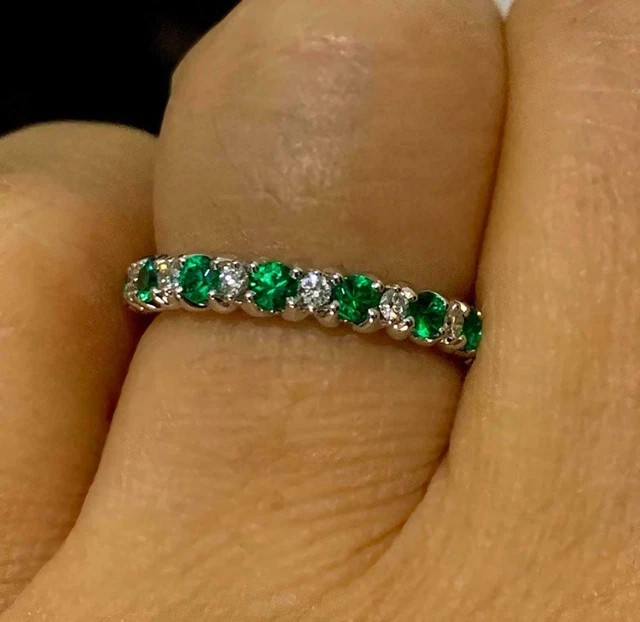 Natural Emerald 1Ct Round Cut Eternity Wedding Band Ring 14K White Gold Plated