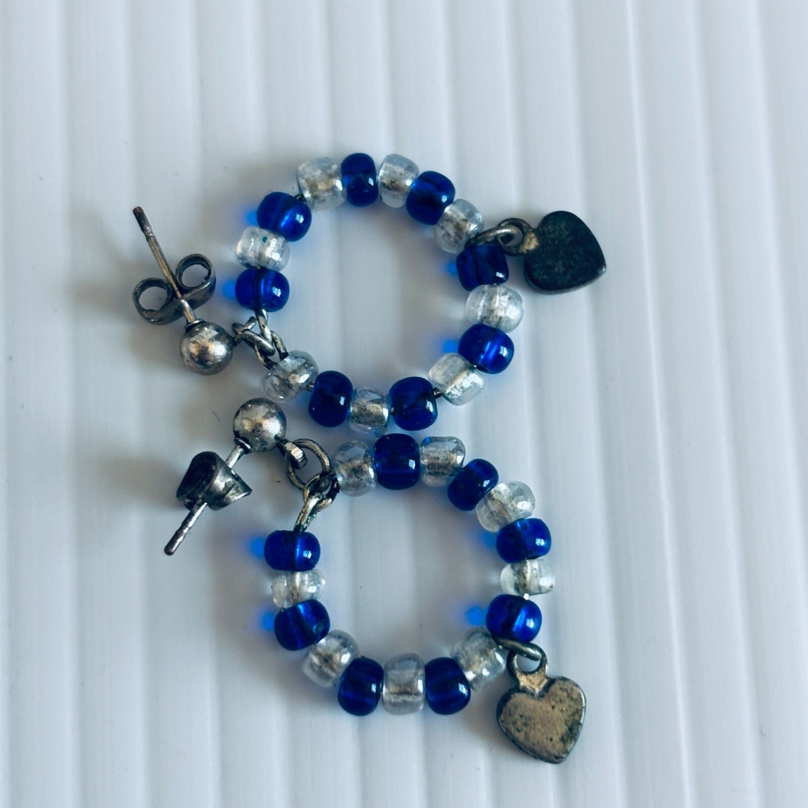 Blue White Silver Heart Bead Circle Earrings