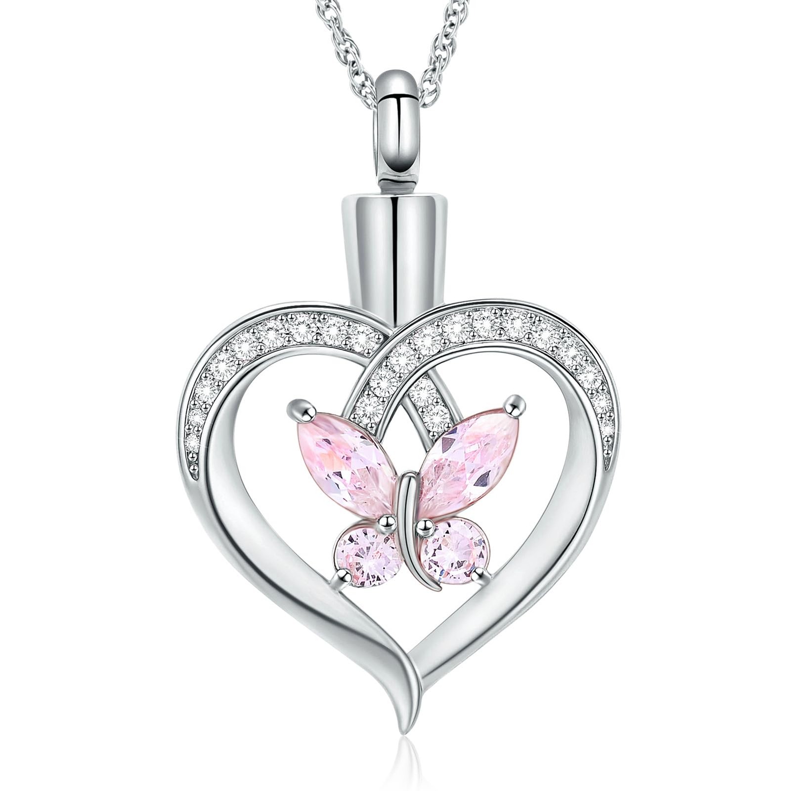 Butterfly Heart Pendant Cremation Urn Necklace for Women (Silver-Pink)