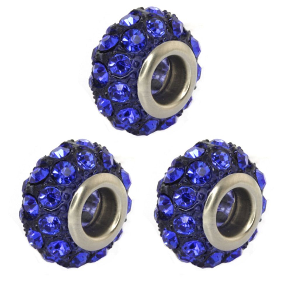 Set of Three Round 14mm Blue Pave Crystal Ball Fits with Beads and Charms