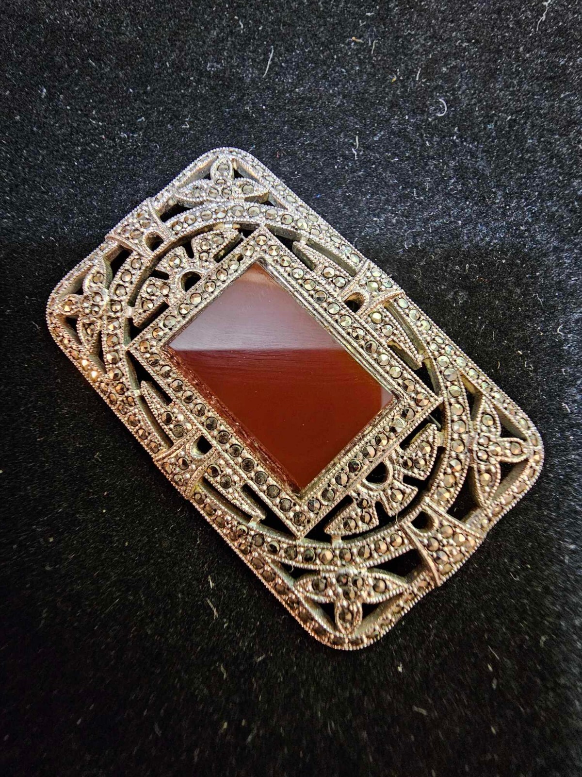 Vtg Art Deco Sterling Silver w Carnelian & Marcasite Rectangular Brooch Pin- S29