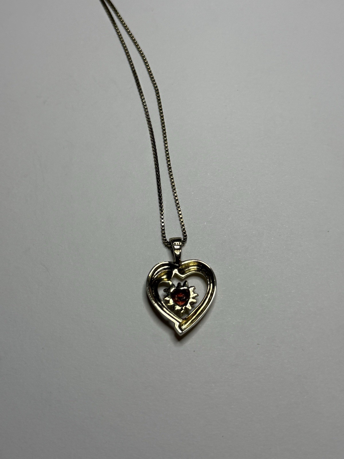 Vintage FAS 925 Italy Heart Pendant Necklace Red Stone Read Description