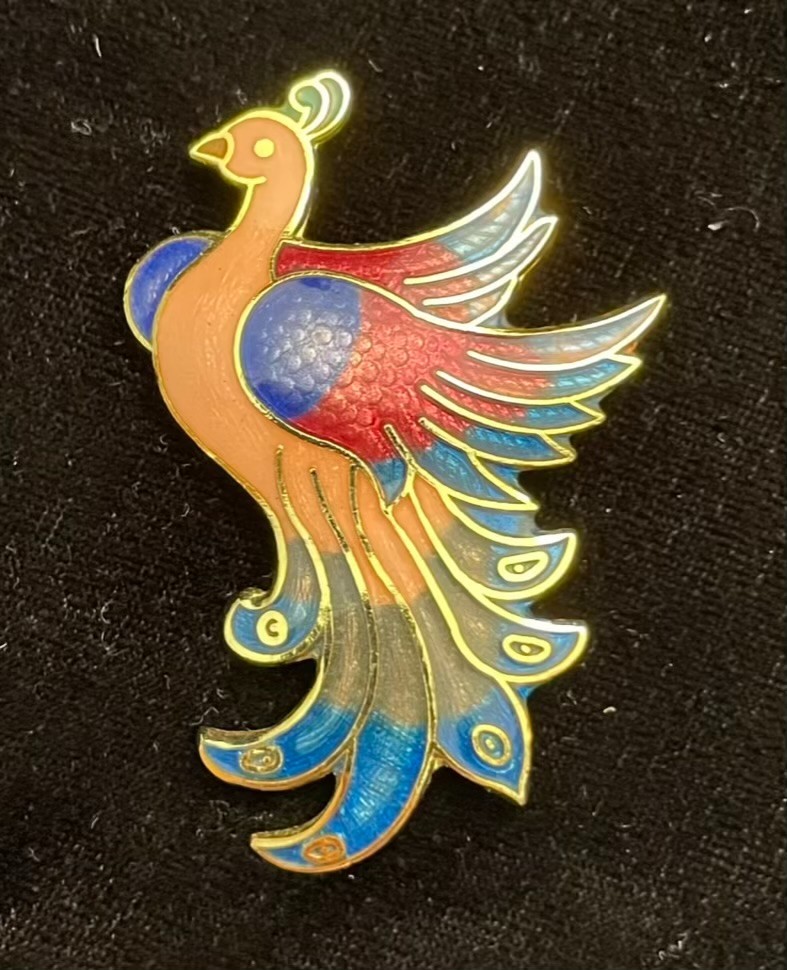 Cloisonné Peacock Brooch Paradise Bird Pink Red Green Enamel Mystical Fantasy
