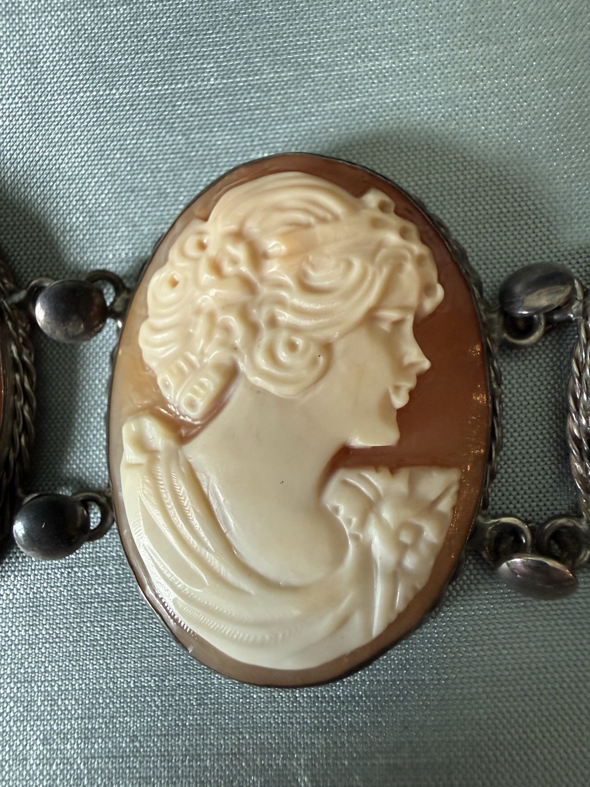8 Inch Vintage￼Silver Cameo Bracelet, ￼ translucent Coral Color- 1.5 In Wide