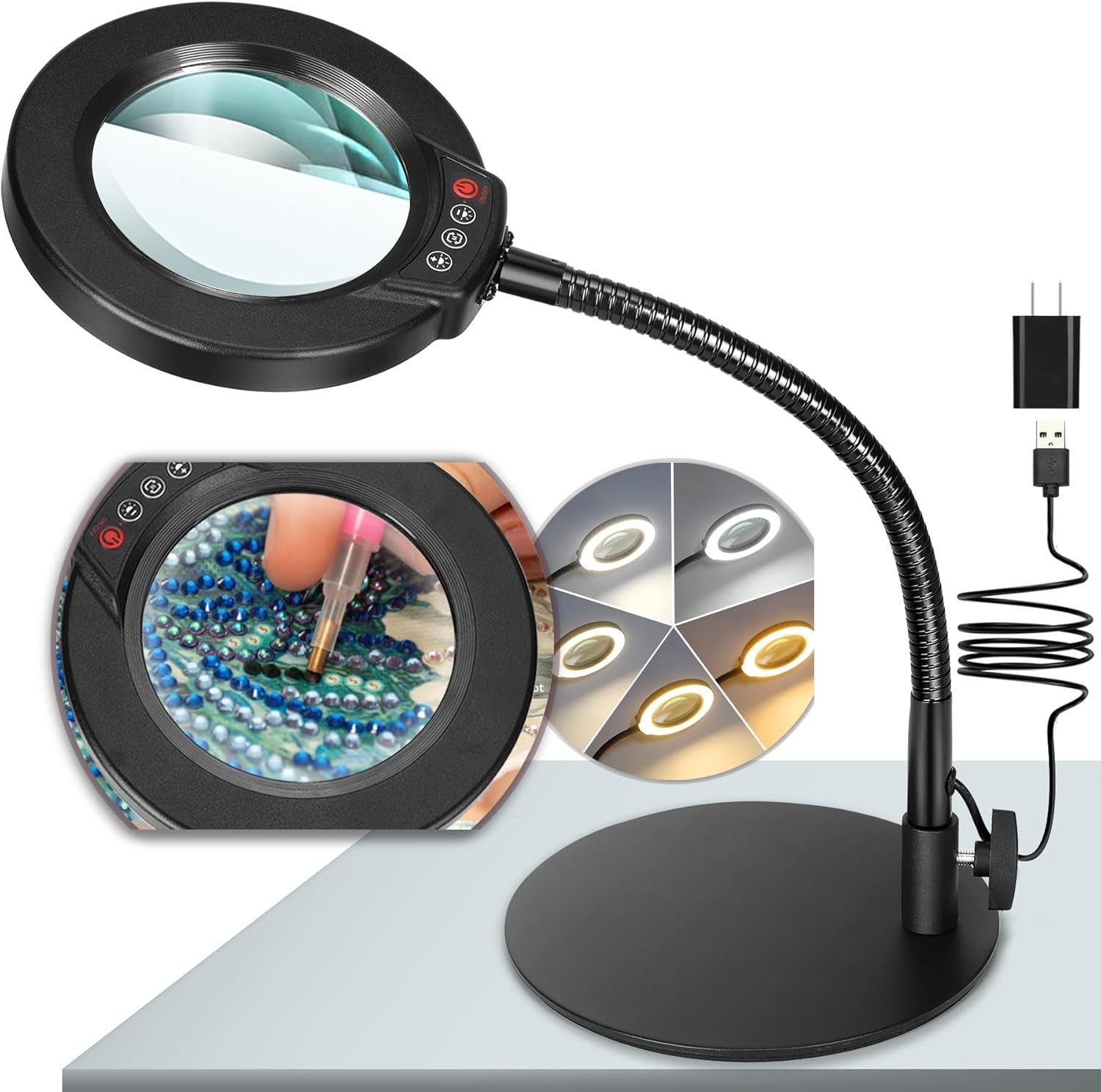Precision 10X Magnifying Lamp with Goose-Neck & Stepless Dimming for Detail Work