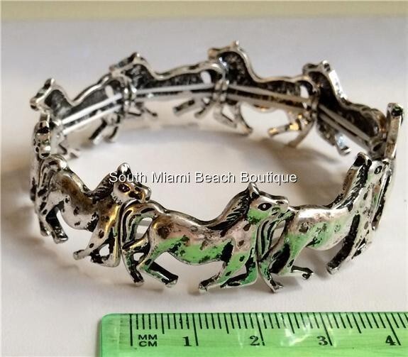 Silver Horse Charm Bracelet Country Western Cowgirl Silver Plated Stretch