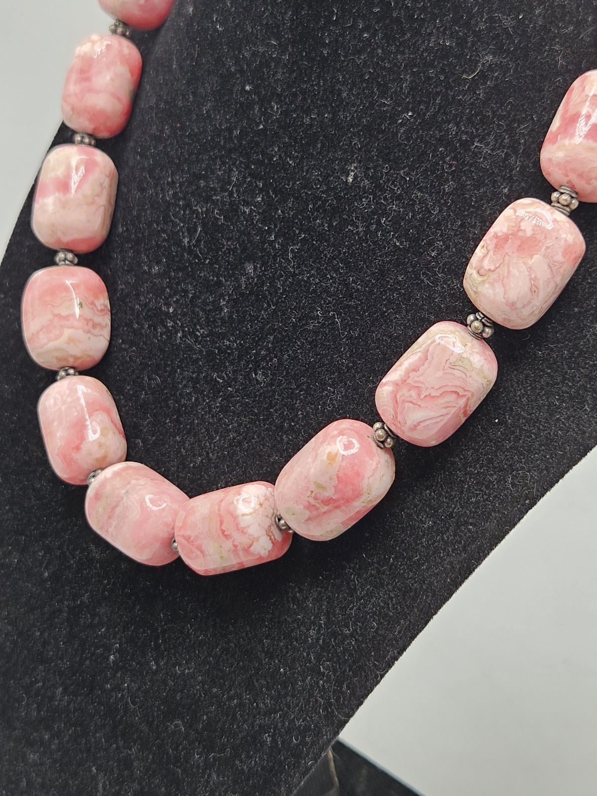 Hand Crafted Rhodochrosite Chunky Beaded Statement Necklace W/ Sterling…
