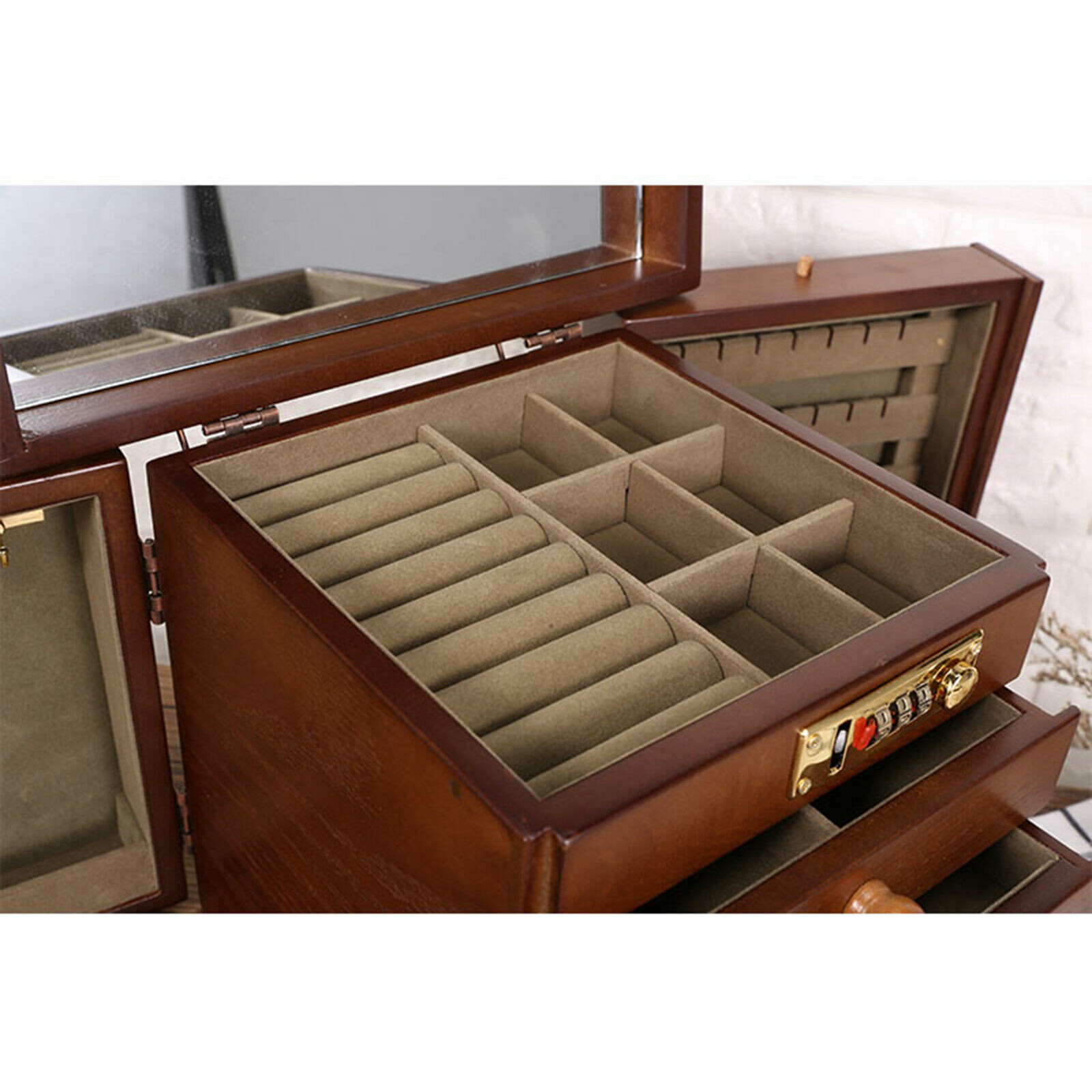 5 Layers Vintage Large Jewelry Organizer Wooden Storage Box Case with 4 Drawers